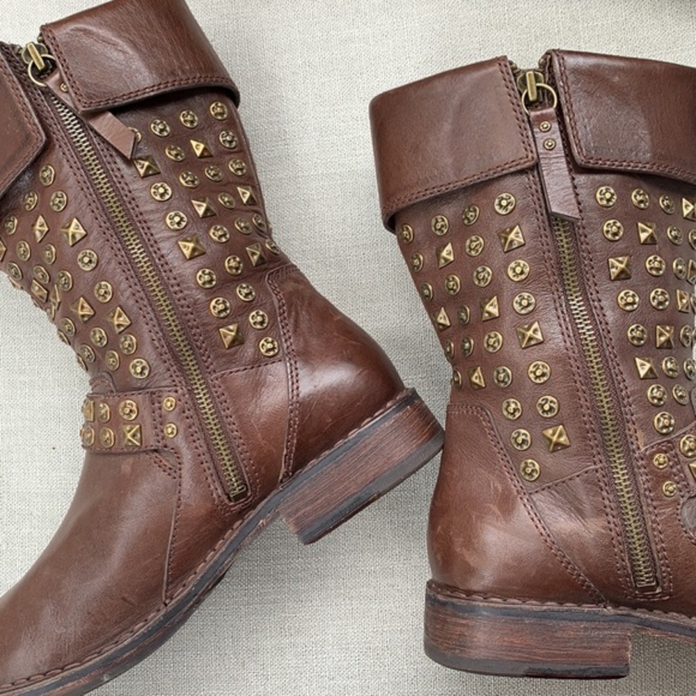SALE ❤️ UGG Conor Harness Studded Shearling Brown Leather Moto Biker Boots 7.5 - Picture 7 of 12